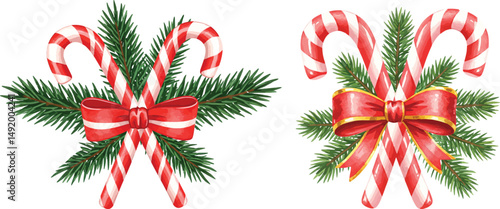 Watercolor Illustration of Crossed Candy Canes, Ribbon, and Evergreen