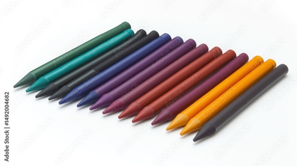 Ten colorful crayons arranged in a diagonal row on a white background. Ten colorful crayons arranged in a diagonal row on a white background.