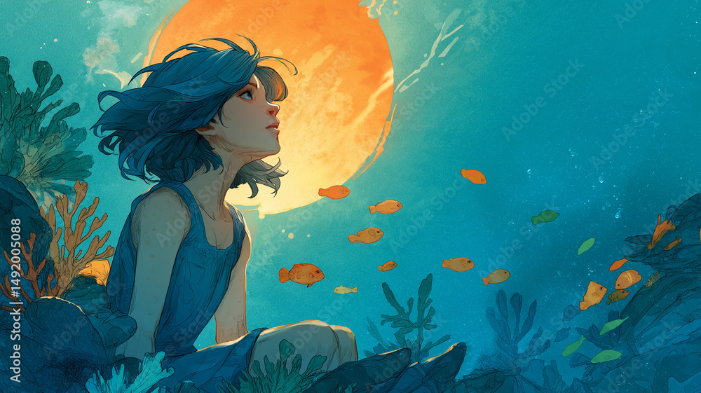 優しい眼差しの少女と神秘的な魚たちが漂う静謐な水中風景|光と影が織りなす幻想的で神話的な構図が美しいアートイラスト素材|自然・少女・魚・月・幻想世界 優しい眼差しの少女と神秘的な魚たちが漂う静謐な水中風景|光と影が織りなす幻想的で神話的な構図が美しいアートイラスト素材|自然・少女・魚・月・幻想世界