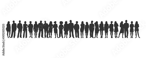 Vector crowd horizontal banner. Solid Black Minimalist People Silhouette Bundle Isolated on White Backdrop