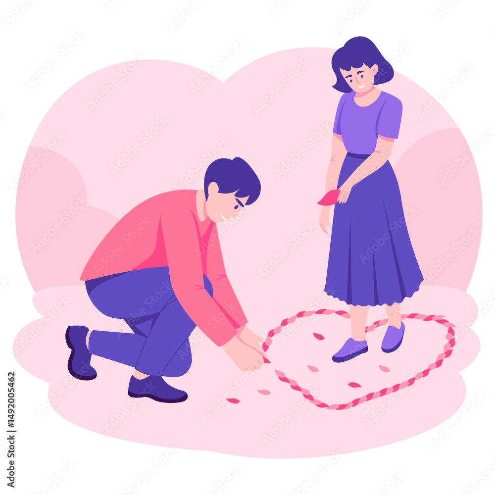 Fototapeta premium A valentine couple is creating a heart shape with petals, flat style illustration