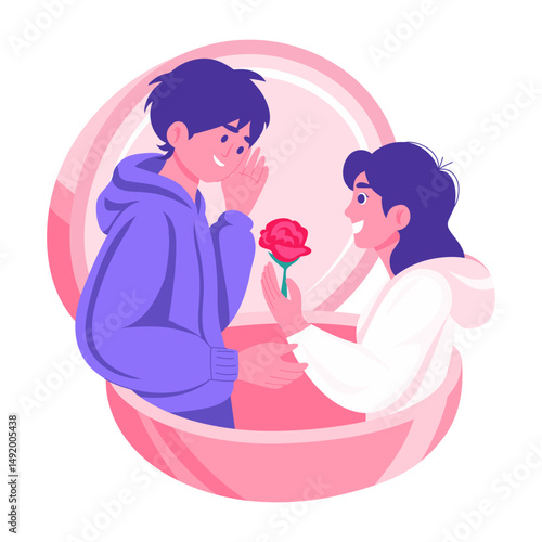 A flat style illustration showing a person giving rose to his wife