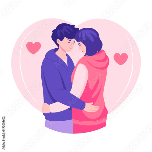 A flat style illustration showing a couple holding close each other