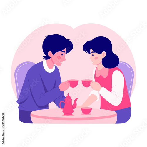 A flat style illustration showing a couple doing tea romance
