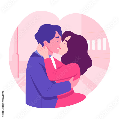 Romantic kiss between a couple, flat style illustration