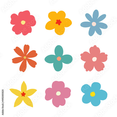 Collection of colorful flower elements in vector format, featuring cute round flower head in various shapes. Hand drawn simple botanical spring blossom art. Abstract flower icon set.