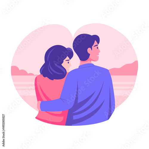 A romantic couple watching sunset together, flat illustration