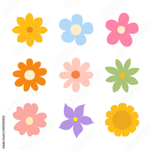 A set of flowers, top view. Flat colorful flower icons. Simple, cute spring flower head. Botanical blossom floral design. A collection of 9 different abstract flowers vector illustrations.