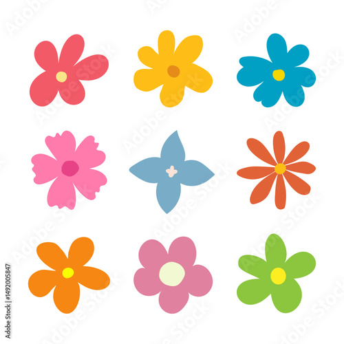 Set of flowers vector. Colorful flower icons featuring cute round flower head in various shapes. Hand-drawn, simple botanical spring blossom art with abstract organic petal floral designs.