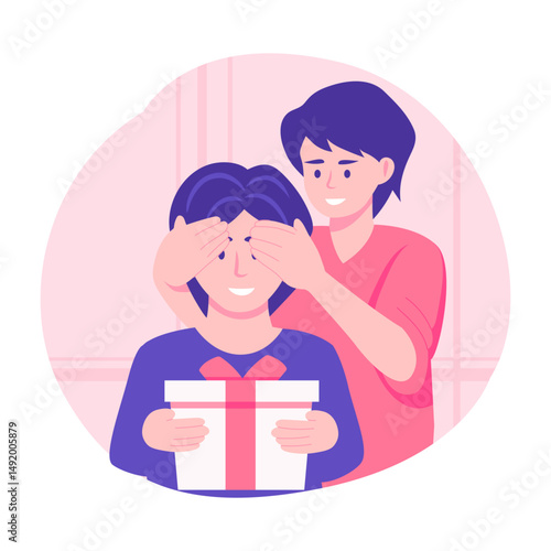 Flat illustration showing a husband giving a surprise gift to his wife