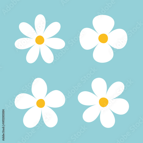 Collection of white flower icon vector. Simple cute round flower head in various shapes. Chamomile, daisy flower set vector. Botanical spring blossom art. Abstract organic petal floral design. 