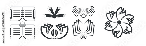 book logo black and white, Opened book logo set. Monochrome books with fluttering pages isolated vector illustration, INITIAL BOOK LOGO ICON ILLUSTRATION