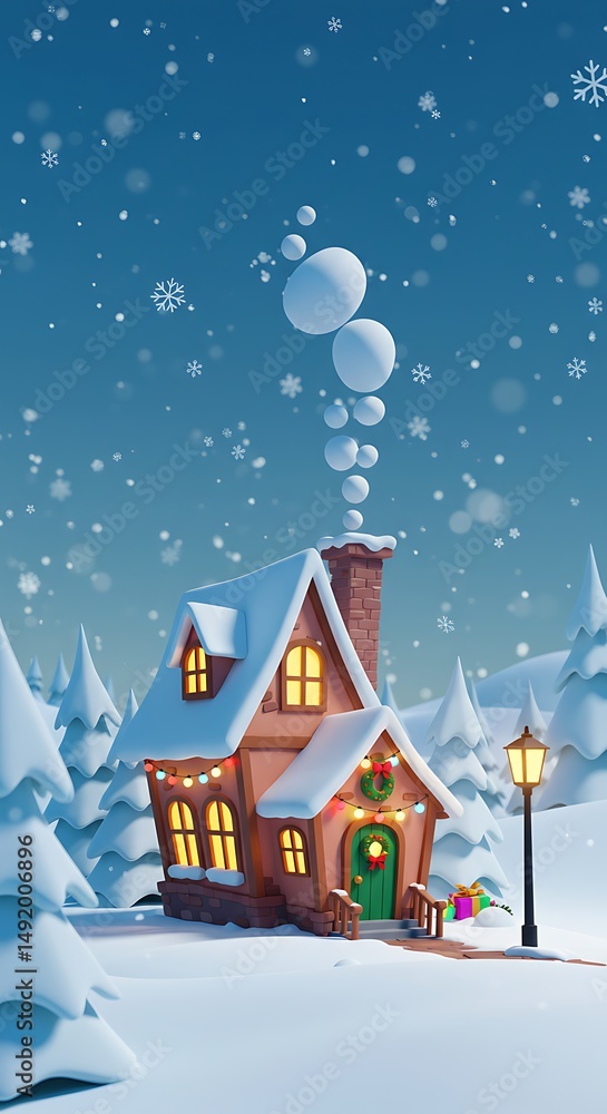 Fototapeta premium Cozy Christmas Cottage: A 3D Winter Wonderland