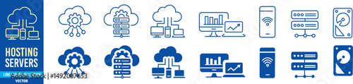 Hosting servers editable line icons set. Vector icons collection illustration.