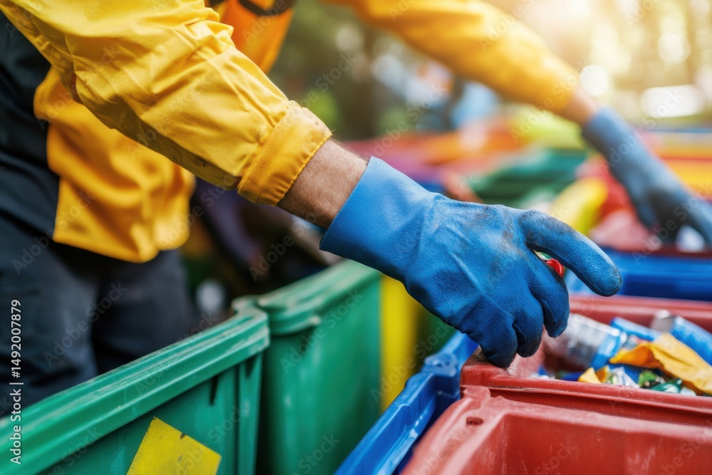 Close up of worker sorting recycling in bins wearing blue gloves for safety and hygiene environmental stewardship Close up of worker sorting recycling in bins wearing blue gloves for safety and hygiene environmental stewardship