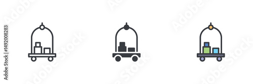 Hotel luggage trolley different style icon set