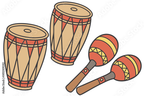 24 bongo drums, tambourine, maracas, wooden percussion instruments, musical instruments