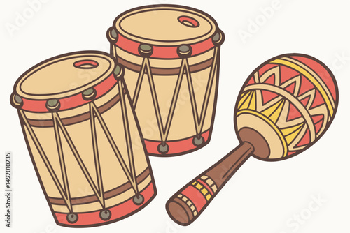 24 bongo drums, tambourine, maracas, wooden percussion instruments, musical instruments