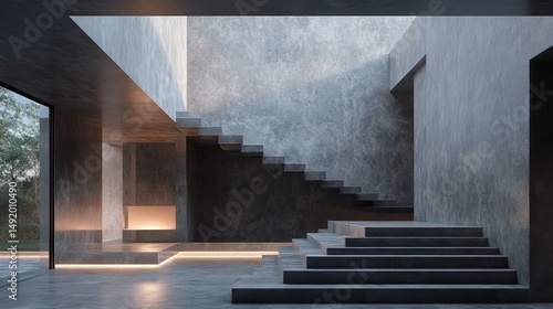 Modern concrete interior with stairs and natural light