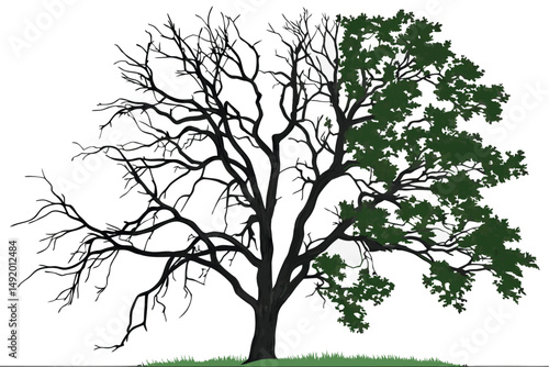25 photo of a tree with leafless branches on one side and lush green leaves on the other side, photo manipulation, highly detailed, realistic, 4k