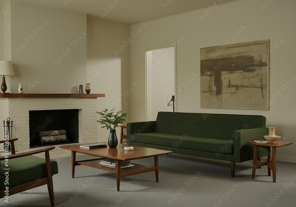 Fototapeta premium Stylish Mid-Century Modern Living Room Interior Design Sofa, Coffee Table, Fireplace, Art, Decor.
