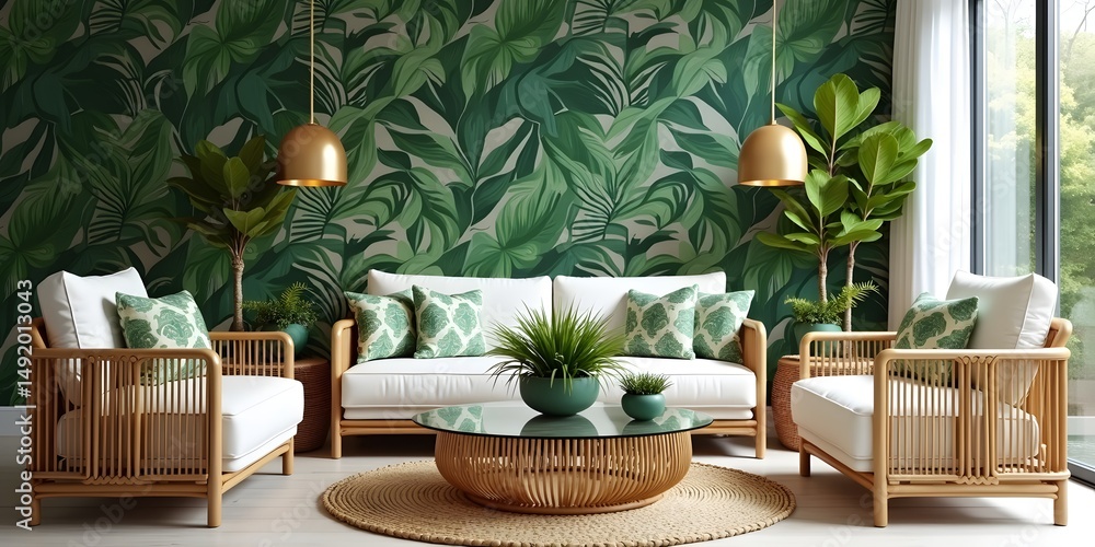 Obraz premium Tropical living room, green, white, gold, lush, vibrant, exotic.