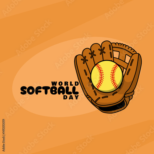 World Softball Day to be celebrated on June 13th. Softball glove with ball on orange background. Sports event banner.