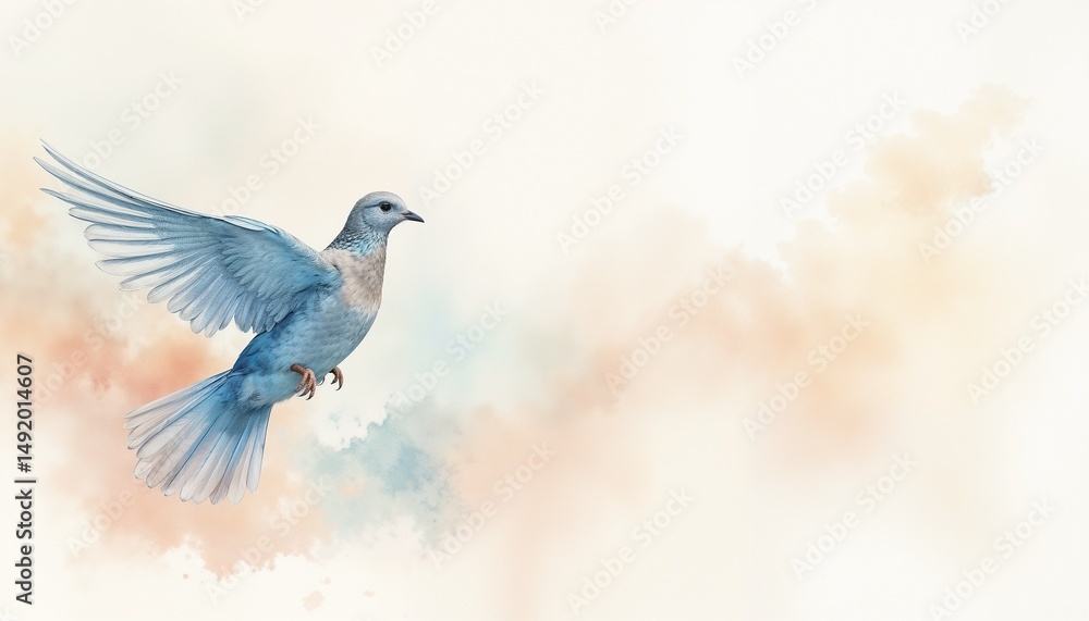 Fototapeta premium Soaring blue bird with outstretched wings against a soft, pastel background. 