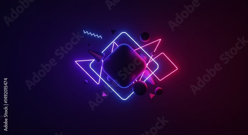 Vibrant neon geometric shapes: triangles, squares, circles, spheres, and a zigzag line floating on a dark background with glowing blue and purple reflections. Abstract and modern