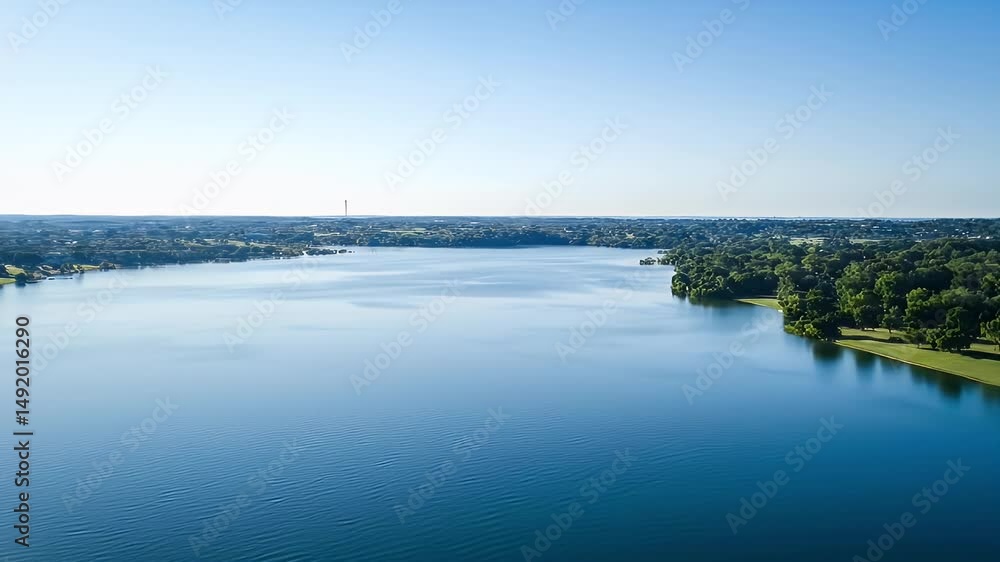 Aerial View of Tranquil Blue Lake Surrounded by Green Trees with Urban Cityscape in the Background on a Sunny Day Aerial View of Tranquil Blue Lake Surrounded by Green Trees with Urban Cityscape in the Background on a Sunny Day