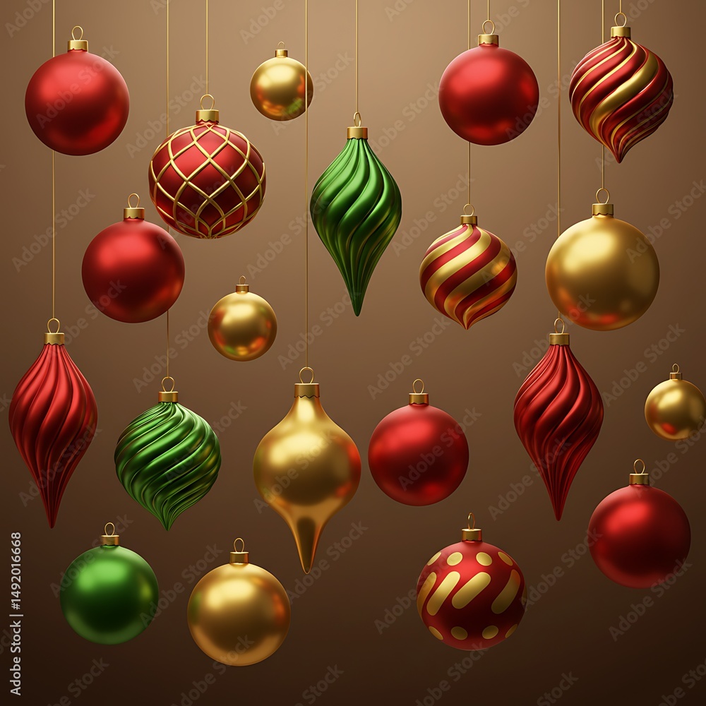 Red, Gold, Green Christmas Ornaments: Festive 3D Render Red, Gold, Green Christmas Ornaments: Festive 3D Render