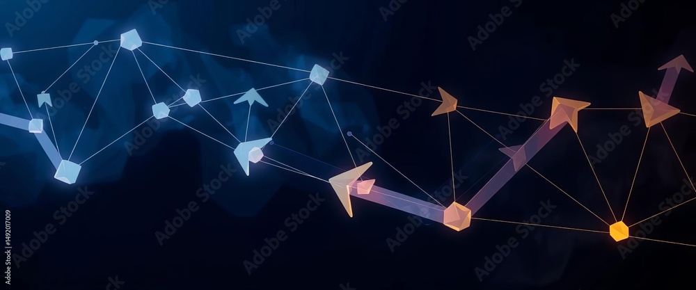 Obraz premium Abstract arrow network connecting polygons, smoky cloud effect on dark blue background, smoke, technology background