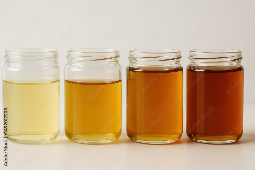 Four glass jars showcasing different shades of honey on a white background Four glass jars showcasing different shades of honey on a white background