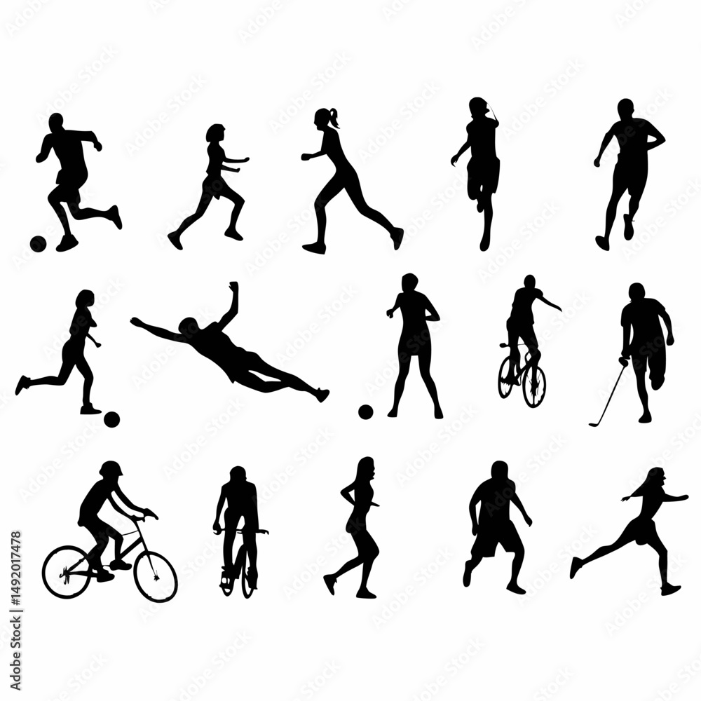 Fototapeta premium Black vector silhouettes of sport people in action show men and woman running and playing with a ball in football, basketball, and tennis competitions