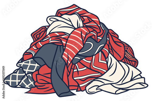 28 crumpled clothing, mixed fabrics, abstract textures, bold patterns, vibrant colors, disorganized piles, chaotic arrangement, dynamic composition, intriguing visual interest, high contrast, visually