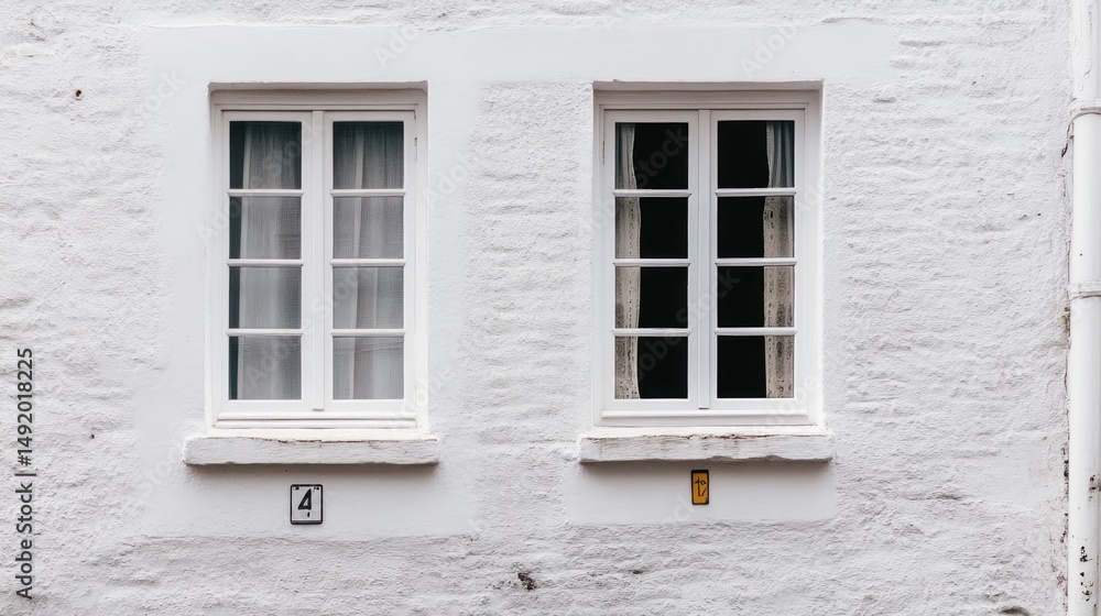 Fototapeta premium Two white windows on a white brick wall, one with curtains, one without.