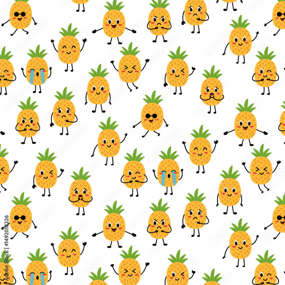 Fototapeta premium cute pineapple clipart fruit cartoon kawaii seamless pattern