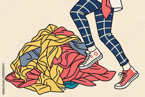 28 crumpled clothing, mixed fabrics, abstract textures, bold patterns, vibrant colors, disorganized piles, chaotic arrangement, dynamic composition, intriguing visual interest, high contrast, visually