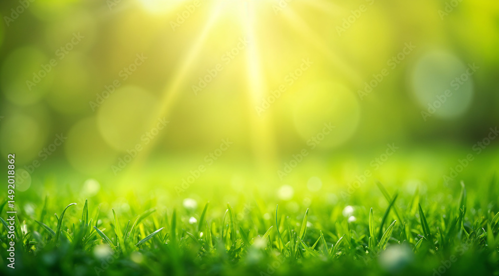 Fototapeta premium gentle summer background with green grass and bokeh . Generative AI