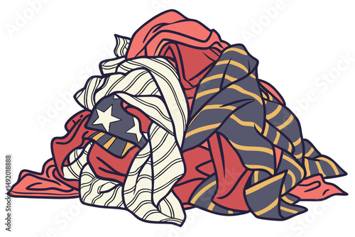 28 crumpled clothing, mixed fabrics, abstract textures, bold patterns, vibrant colors, disorganized piles, chaotic arrangement, dynamic composition, intriguing visual interest, high contrast, visually