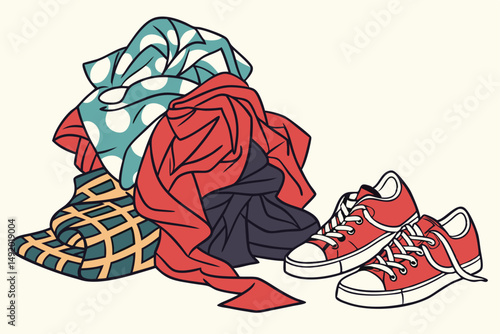 28 crumpled clothing, mixed fabrics, abstract textures, bold patterns, vibrant colors, disorganized piles, chaotic arrangement, dynamic composition, intriguing visual interest, high contrast, visually