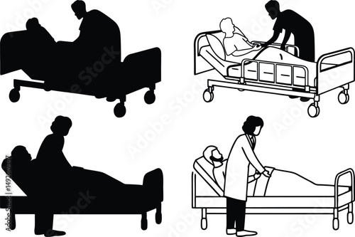 Patient Care in Medical Bed Silhouette Vector.