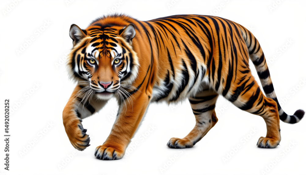 Obraz premium Majestic tiger walking gracefully, showcasing its vibrant orange and black stripes against white background. This powerful