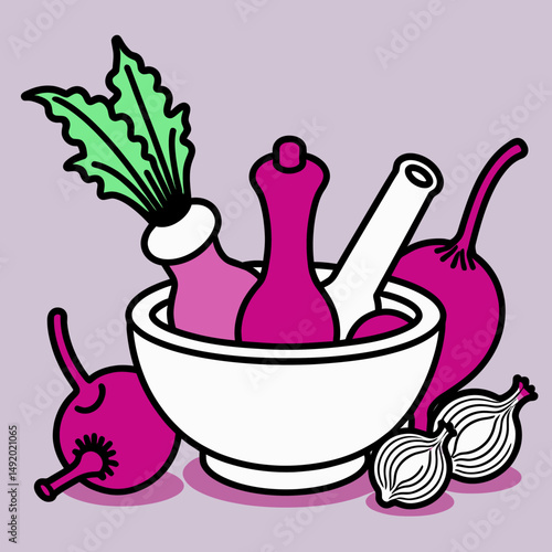 Vibrant Pink Root Vegetables And Onions Nestled Inside A White Bowl On Light Backdrop