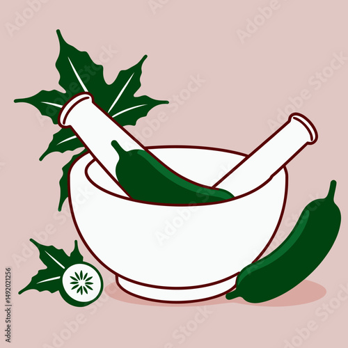 Mortar And Pestle Grinding Fresh Green Herbs Illustrated With A Clean Modern Minimalist Style