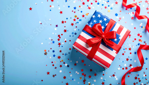 Wallpaper Mural usa independence day gift box with confetti and streamers on blue background Torontodigital.ca