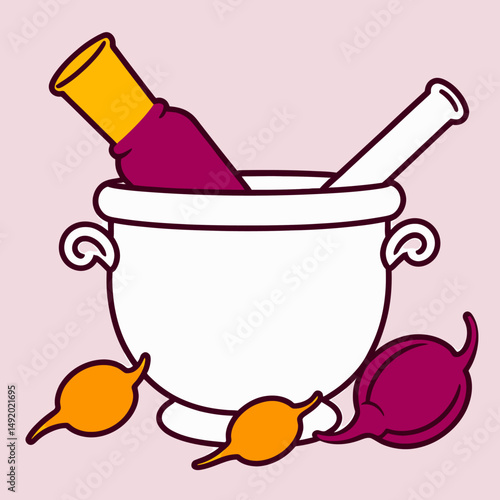 Stylized Cartoon Mortar And Pestle Filled With Colorful Liquids Evoking Playful Chemistry Visuals