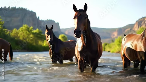 Horses Crossing a River: Majestic and Untamed