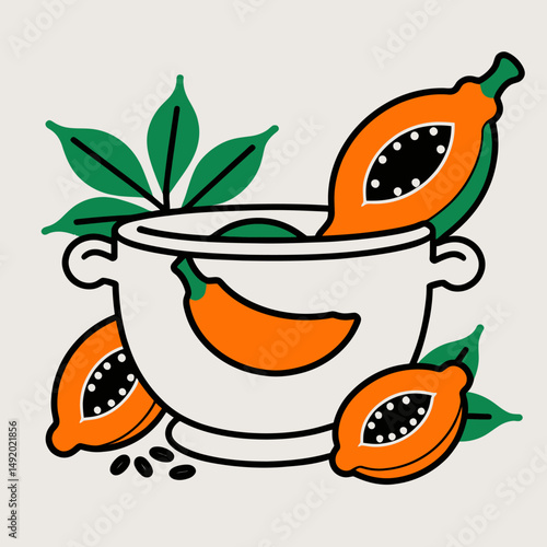Vibrant Fruit Illustration Displays Papaya And Leaves With Stylized Graphic Rendering Art