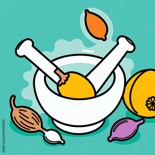 Stylized Mortar And Pestle Illustration Featuring Various Colorful Herbs And Spices Ingredients